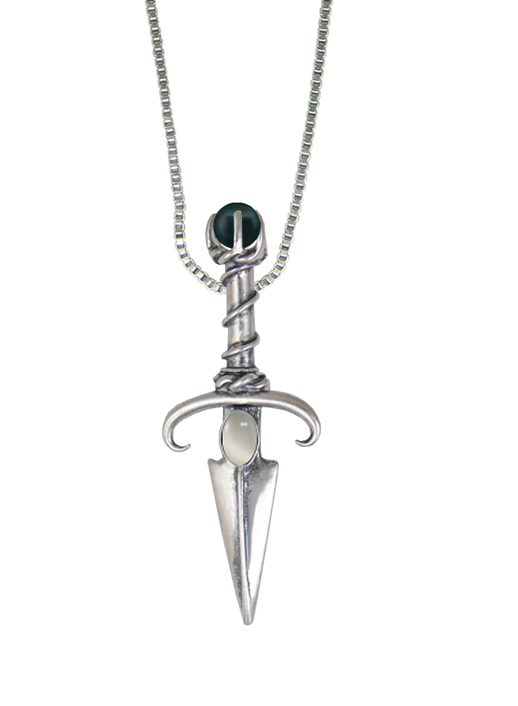 Sterling Silver Black Prince's Knife Dagger Pendant With White Moonstone And Bloodstone